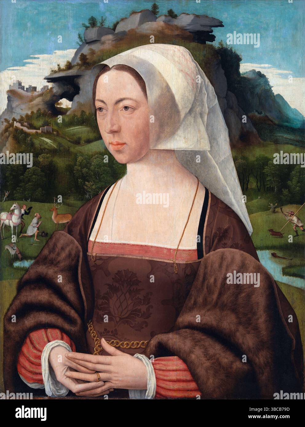 Ritratto di una donna dell'artista rinascimentale olandese Jan Jansz Mostaert olio su tavola capolavoro d'arte c1520 donna del XVI secolo Foto Stock