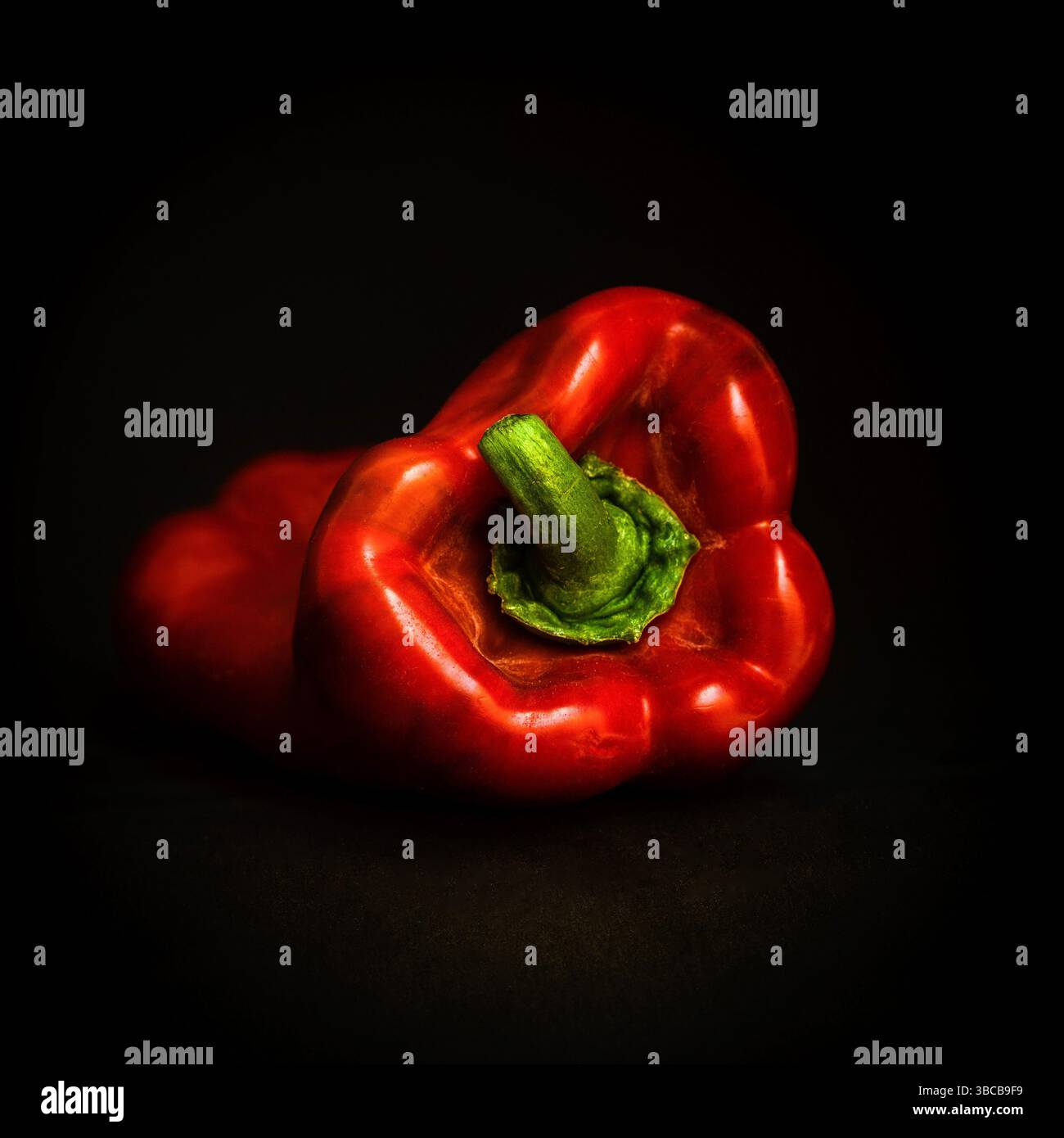 Il vivace peperone rosso, con la sua pelle lucida, è posizionato su un ricco sfondo nero, evidenziandone la forma e i colori freschi e naturali. Foto Stock