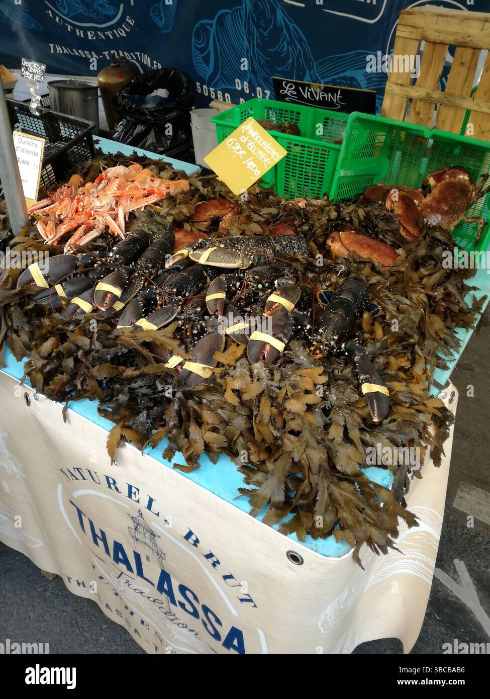 Aragoste fresche e specialità di pesce esposte al Market Stall Table. Parigi, Francia Foto Stock