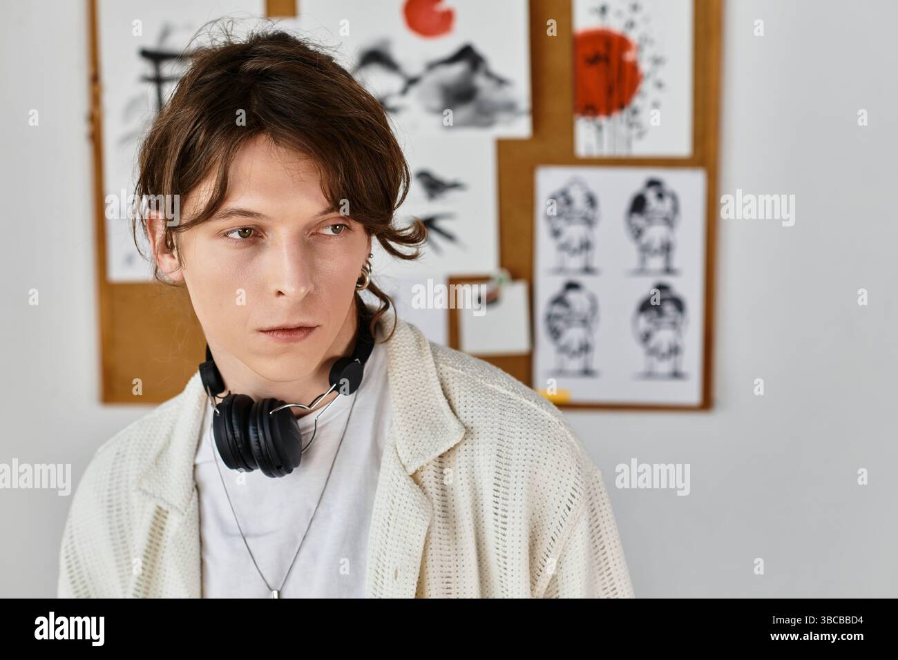 Un giovane studente a casa si concentra sui suoi progetti creativi, indossando le cuffie e approfondendo il pensiero. Foto Stock