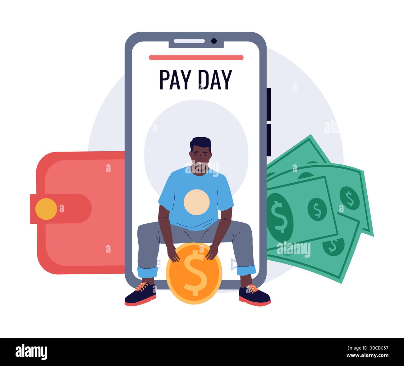 Persone con le monete. Giorno di paga. Uomo che aspetta lo stipendio. Stipendio per lavorare. Dipendente che detiene banconote e portafoglio. Data di pagamento. App per smartphone. Promemoria promemoria organizzatore. Profitto finanziario. Concetto vettoriale Illustrazione Vettoriale