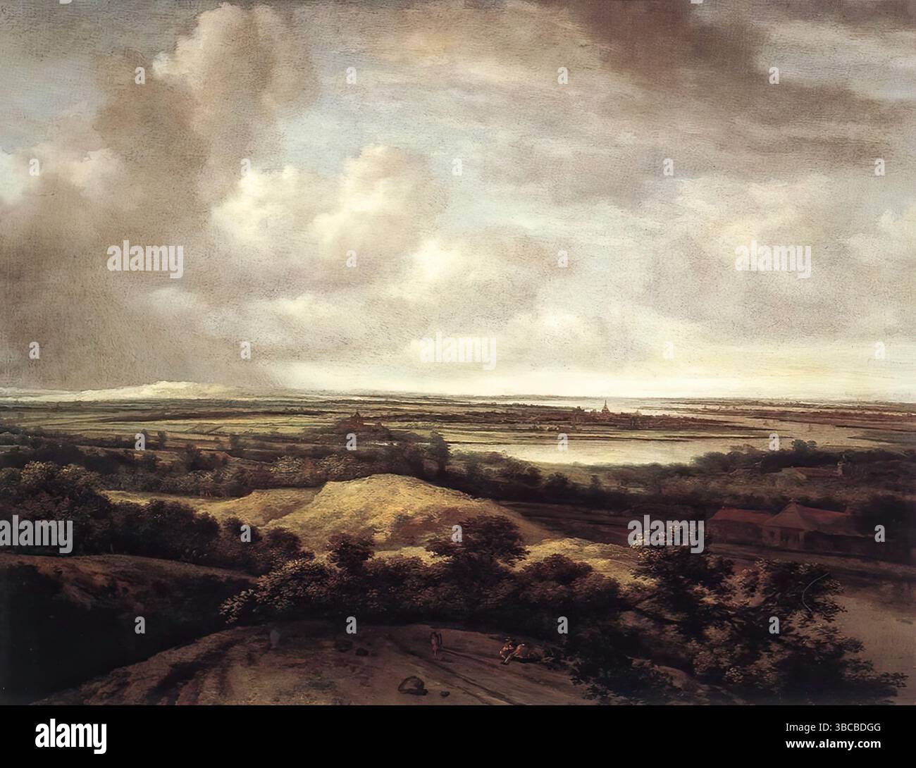 KONINCK, Philips (B. 1619, Amsterdam, d. 1688, Amsterdam) Panorama View of Dunes and a River 1664 Oil on Canvas, 94 x 120 cm Museum Boymans-van Beuningen, Rotterdam Philips Koninck era membro dell'entourage di Rembrandt. I suoi disegni e i primi paesaggi dipinti mostrano che ha imparato da Rembrandt. Tuttavia, verso la metà del secolo iniziò a dipingere grandi viste panoramiche indipendenti dallo stile del maestro. Sono tra i più grandiosi dell'epoca. Dove Molenaer e Houckgeest più o meno assunsero una posizione di osservazione specifica al di fuori dello spazio pittorico, e Saenredam Foto Stock