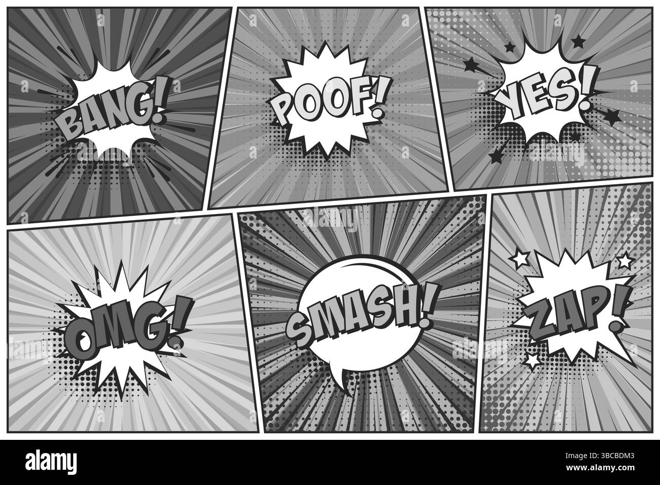 Sfondo fumettistico dei cartoni animati. Bolla del discorso. Poster in bianco e nero del libro di fumetti con elementi mezzitoni e linee radiali. Stile Pop Art retrò. Vettore Illustrazione Vettoriale