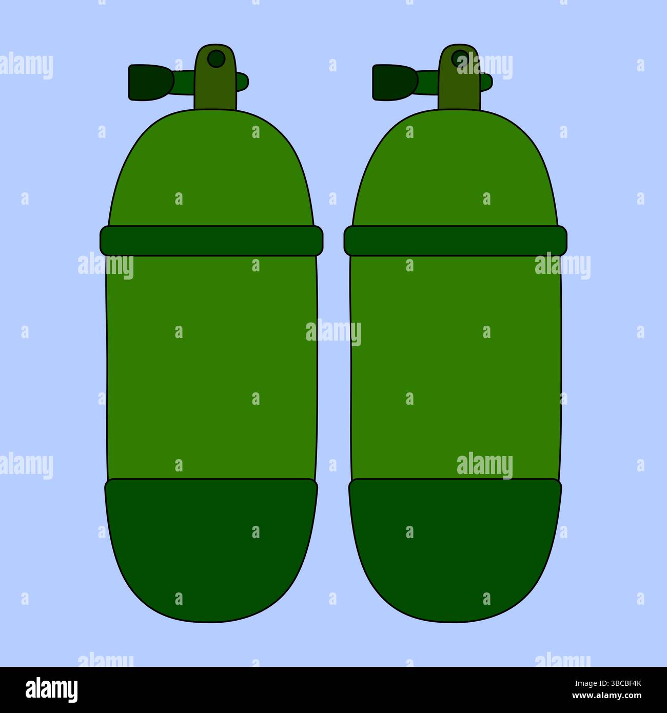Illustrazione estiva di serbatoi d'aria verdi per immersioni su sfondo blu. Equipaggiamento respiratorio subacqueo vettore per immersioni e attività marine. Per su Illustrazione Vettoriale