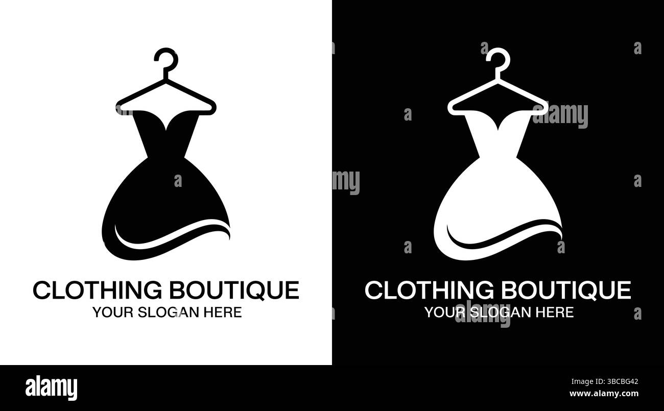 Logo nero con un'icona di abito e appendiabiti, perfetto per le boutique di abbigliamento, i rivenditori di moda e i marchi di abbigliamento che puntano su stile eleganza e stile Illustrazione Vettoriale