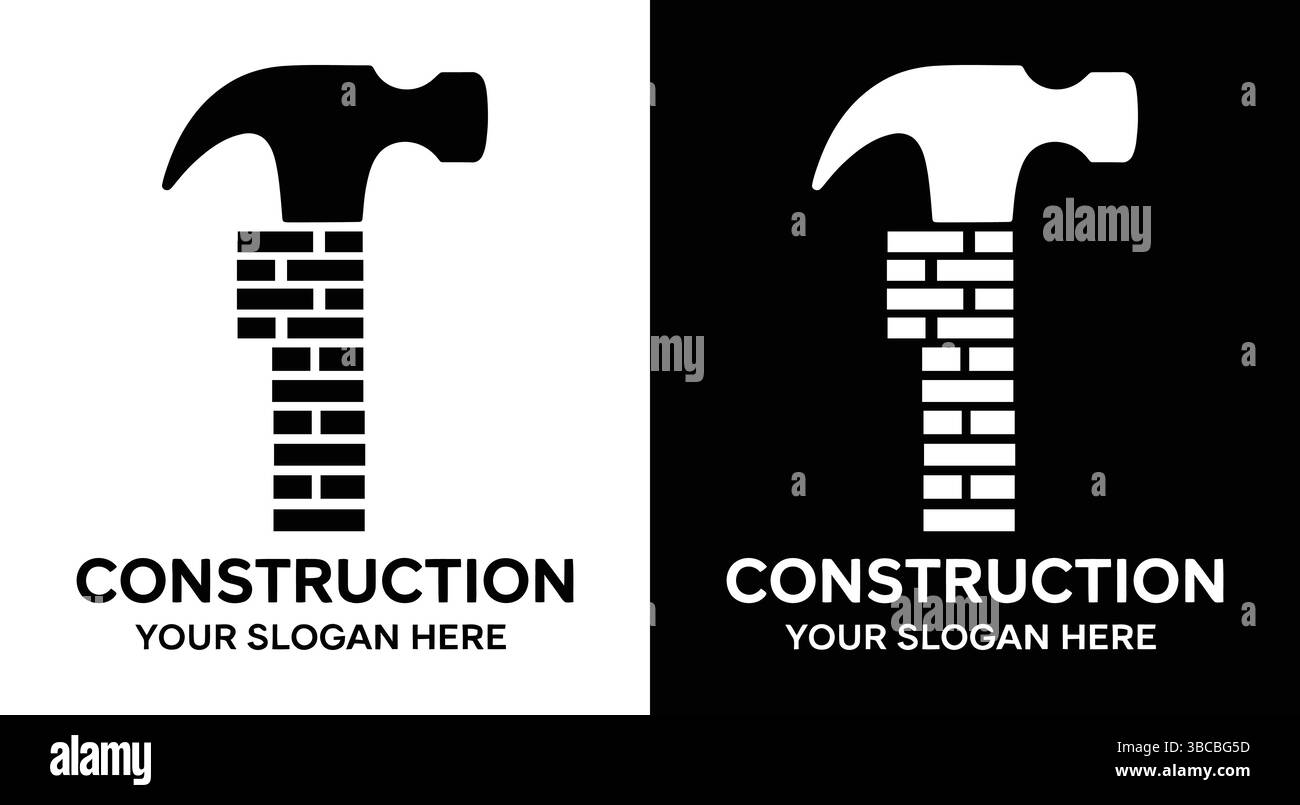 Logo nero con un'icona a forma di martello e mattoni, ideale per costruttori di costruzioni esperti in muratura e servizi per appaltatori focalizzati sul durabil Illustrazione Vettoriale