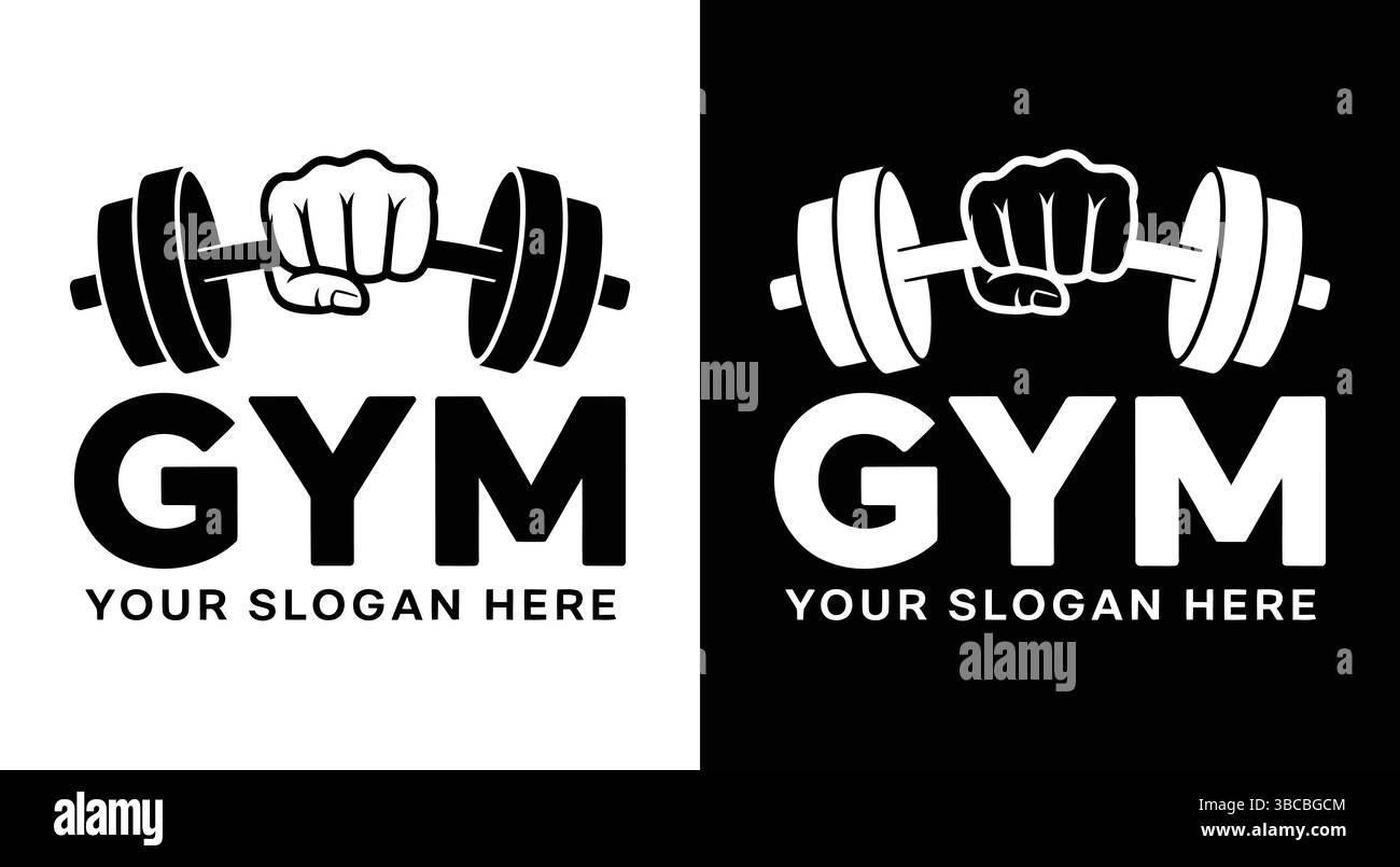 Logo nero con barcampanello e icona a forma di pugno, perfetto per allenatori di fitness allenatori di bodybuilding e reggiseno per la salute e il benessere incentrati sulla forza Illustrazione Vettoriale