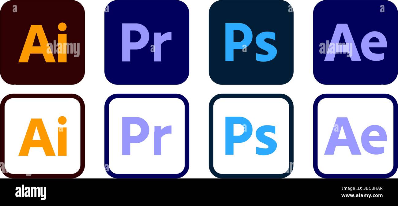 Illustrator, Premier pro, Photoshop, After Effects. Set di icone con logo Adobe Products Illustrazione Vettoriale