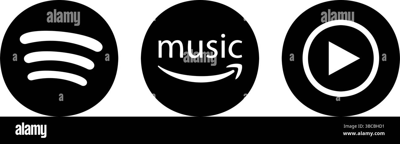 Spotify, Amazon Music, YouTube, musica. Icone del logo della compagnia musicale. Illustrazione Vettoriale