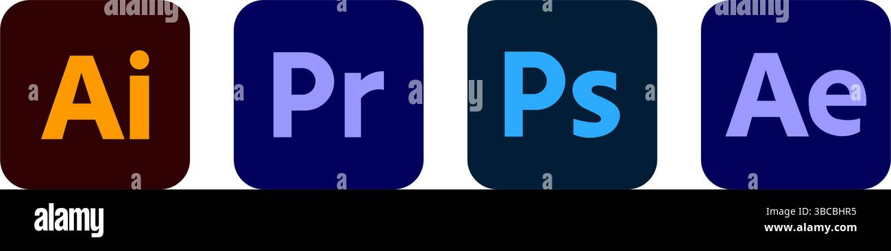 Illustrator, Premier pro, Photoshop, After Effects. Set di icone con logo Adobe Products Illustrazione Vettoriale