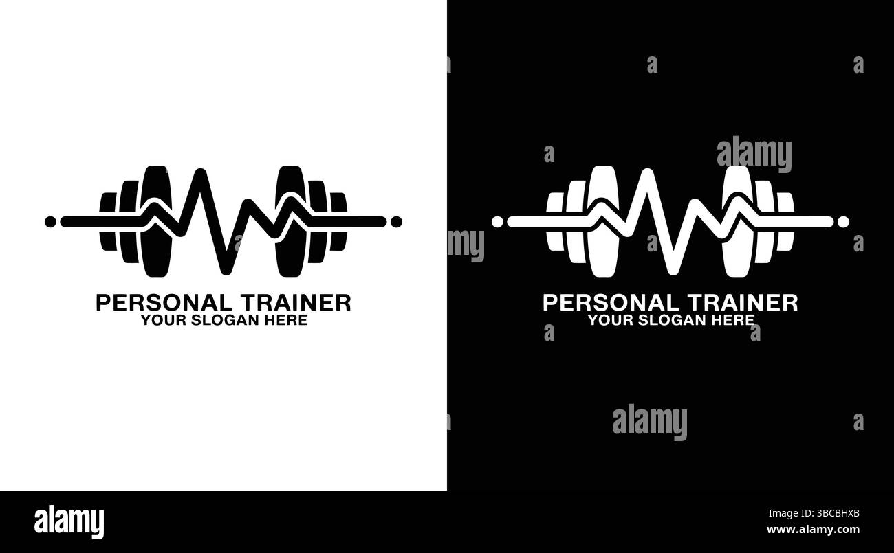 Logo nero con un'icona a forma di manubrio e battito cardiaco ideale per personal trainer studi di fitness marchi di salute e allenatori di benessere Illustrazione Vettoriale
