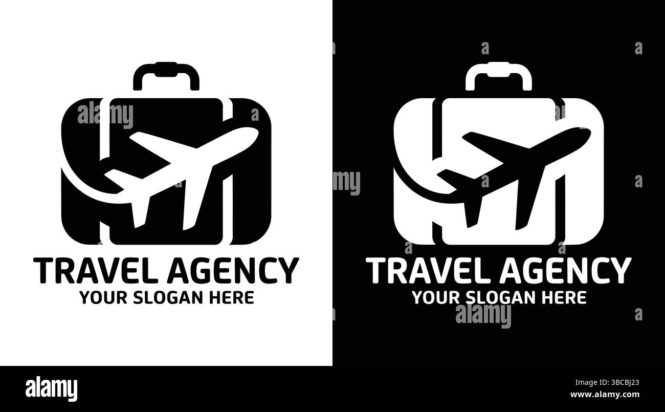 Un elegante logo nero che unisce una valigia classica alla silhouette di un aereo, perfetto per agenzie di viaggio tour operator e società di avventura Illustrazione Vettoriale
