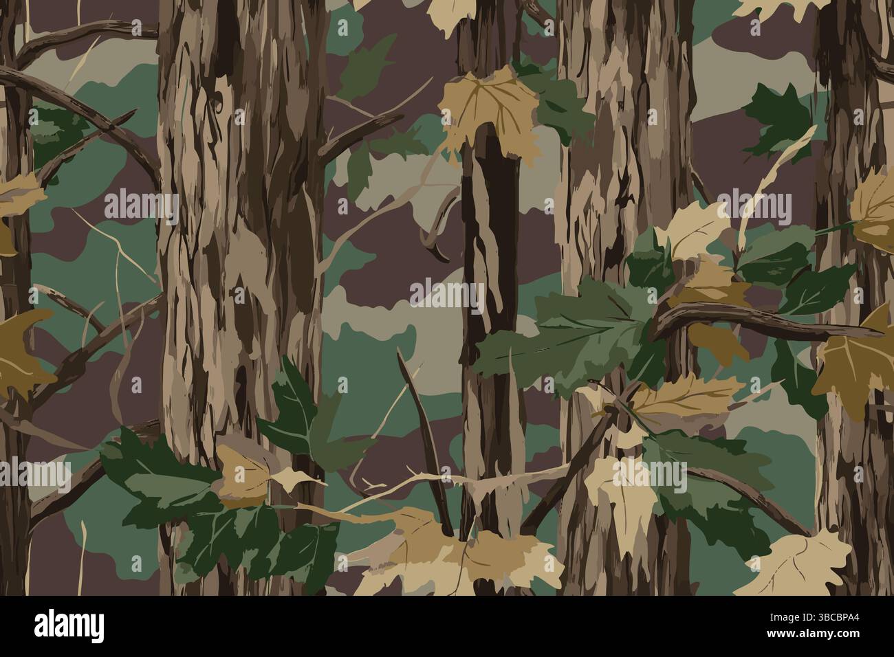 Schema di design senza cuciture camuffamento in una vera foresta alberata per uniforme da caccia e militare. Caccia mimetica Illustrazione Vettoriale