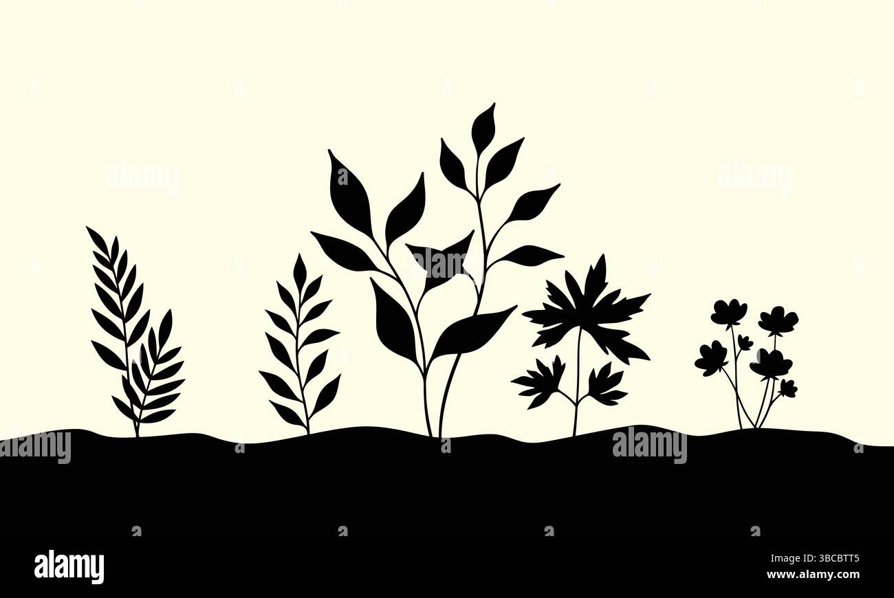 Set Vector con silhouette floreale e vegetale su beige Illustrazione Vettoriale