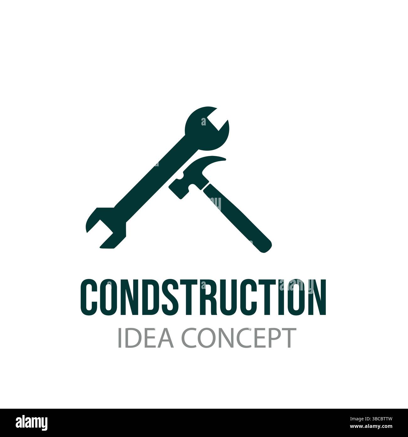 Logo di costruzione con design del simbolo di chiave e martello Illustrazione Vettoriale