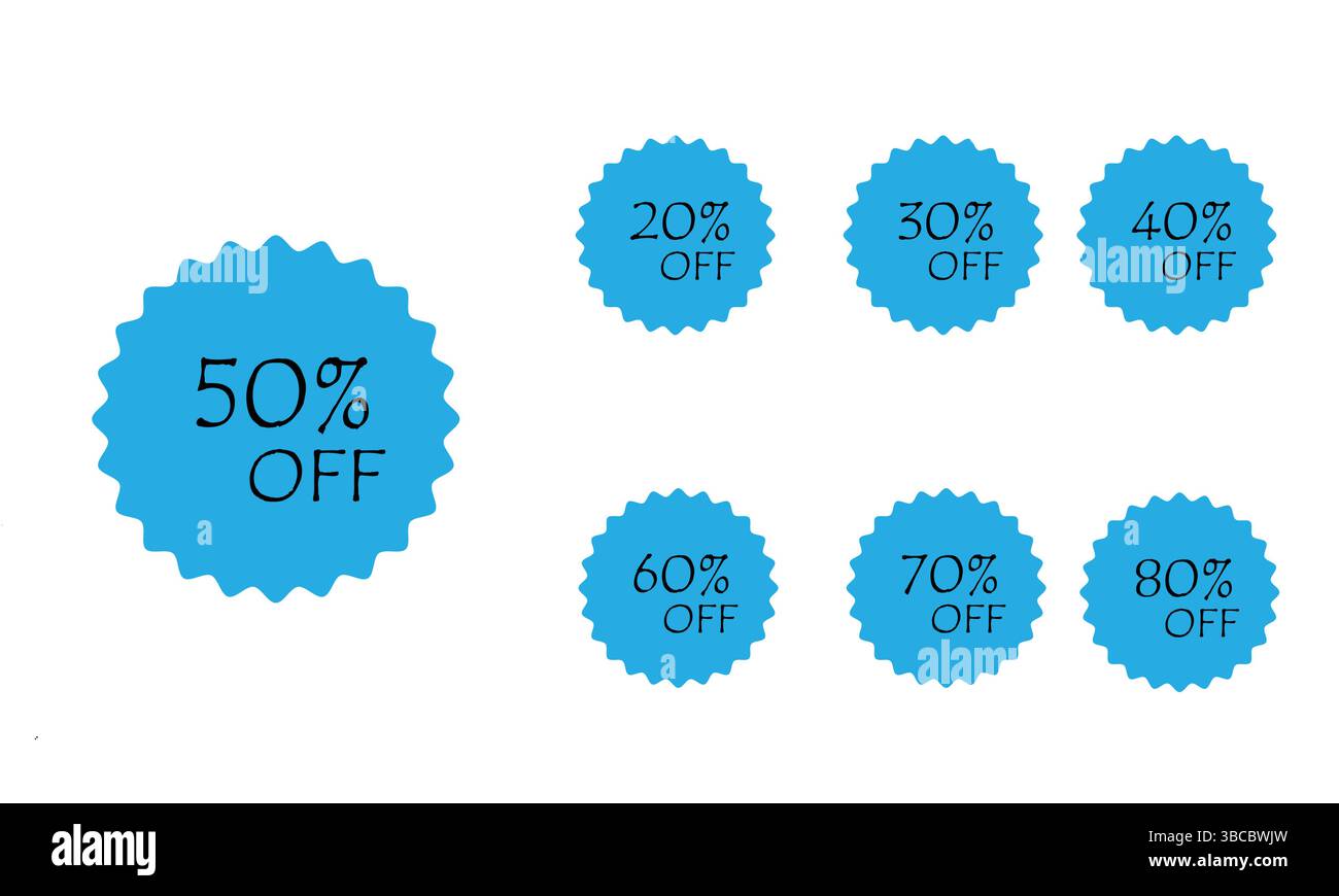 Banner etichetta sconto con diverse percentuali di vendita. 20, 30, 40, 50, 60, 70, 80% di sconto sul prezzo del badge promozione logo set di emblemi vettoriali Illustrazione Vettoriale