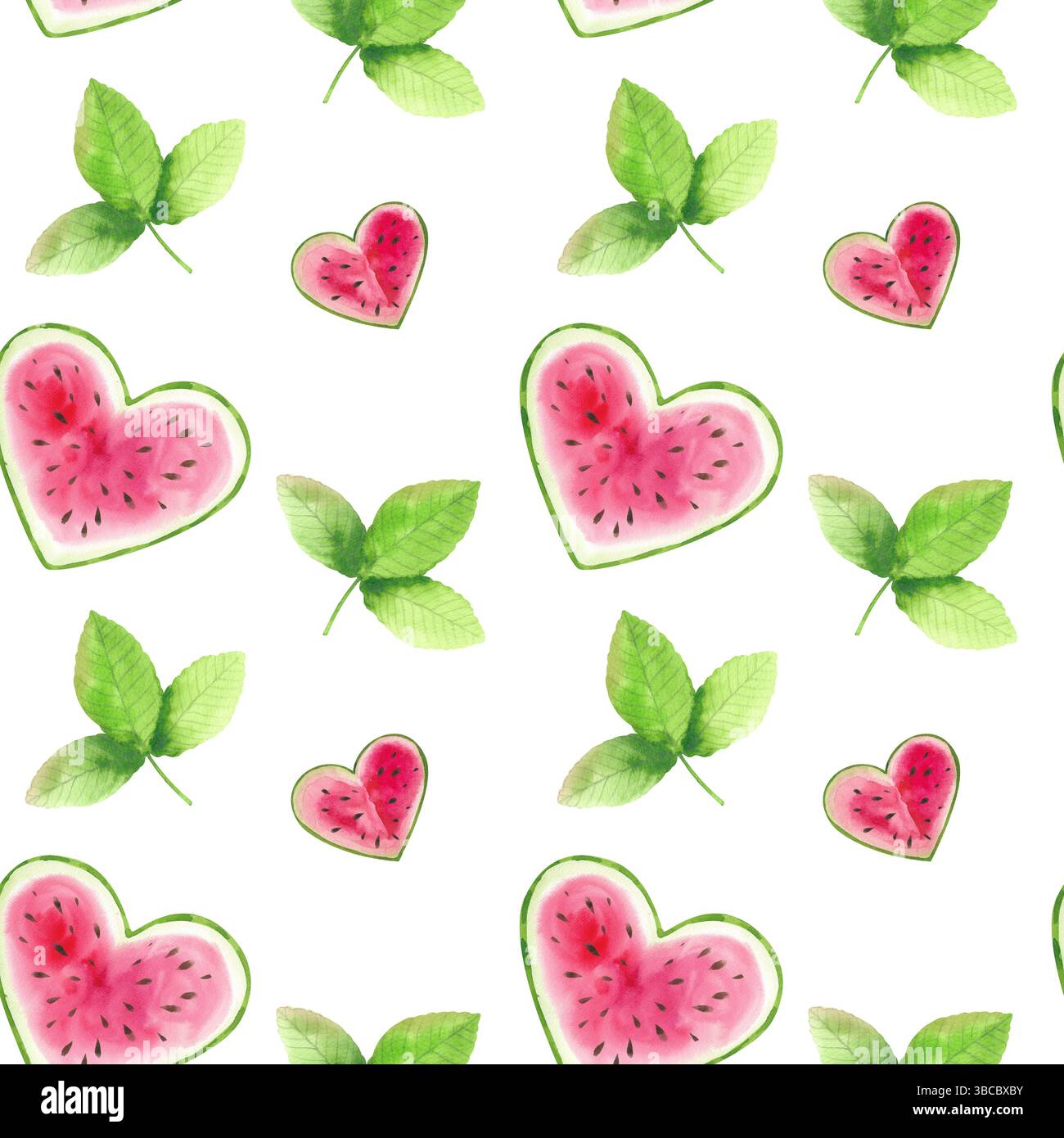 Set di illustrazioni ad acquerello, anguria, foglie, motivo senza cuciture. Motivo senza cuciture. Pezzi e fette di anguria disegnati a mano per la progettazione Foto Stock