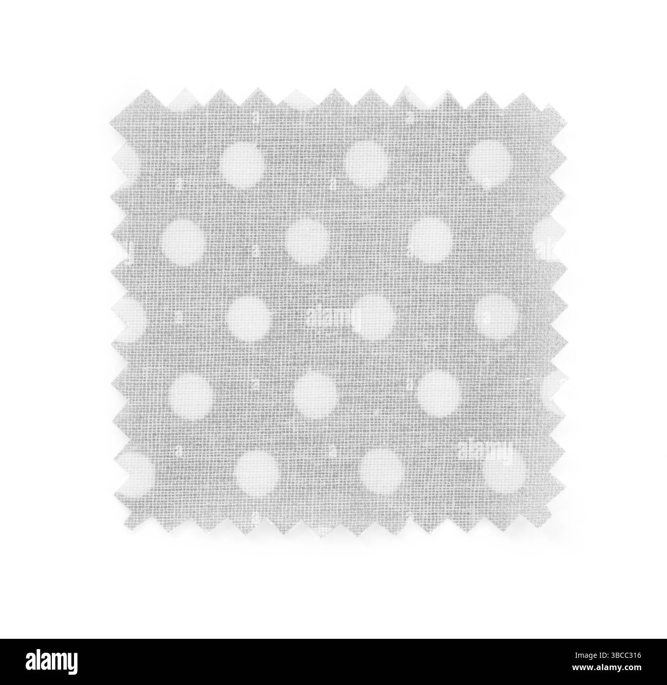 Campione di tessuto grigio con motivo a pois isolato su bianco, vista dall'alto Foto Stock