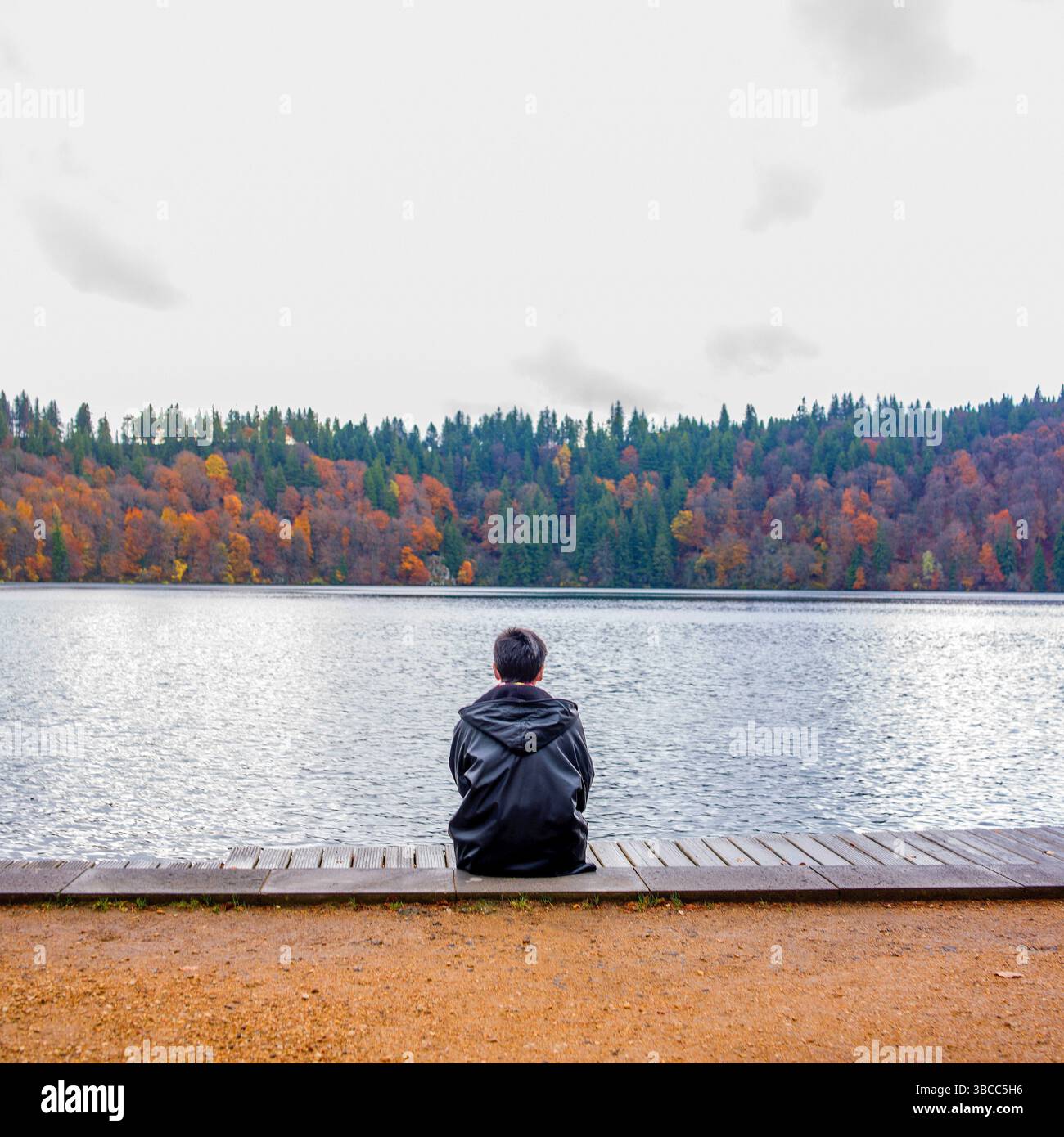 Una figura solitaria siede su un molo di legno, affacciato su un tranquillo lago. Gli alberi autunnali riflettono i loro colori vivaci sull'acqua ferma, Auvergne, p. Foto Stock