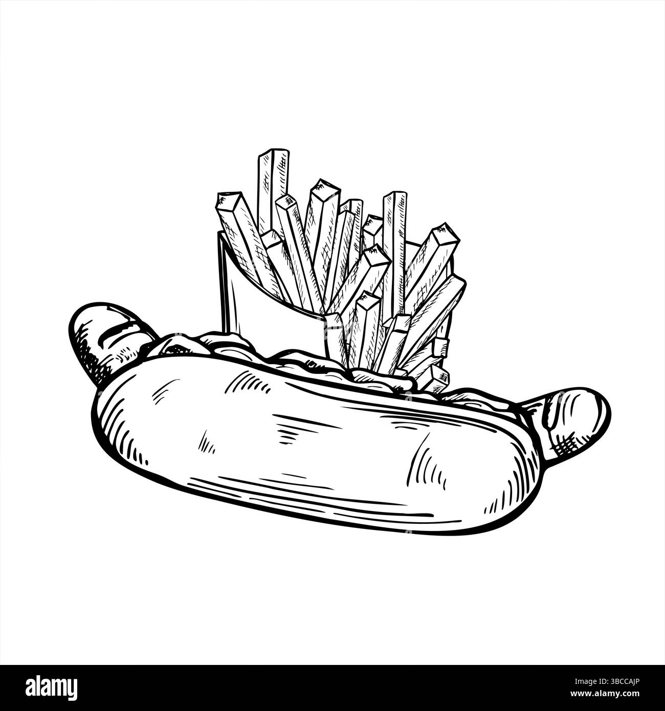 Hotdog classico con salsiccia e un sacchetto di carta di patatine fritte, illustrazione vettoriale monocromatica in bianco e nero. Per il marchio di fast food, Street food Illustrazione Vettoriale