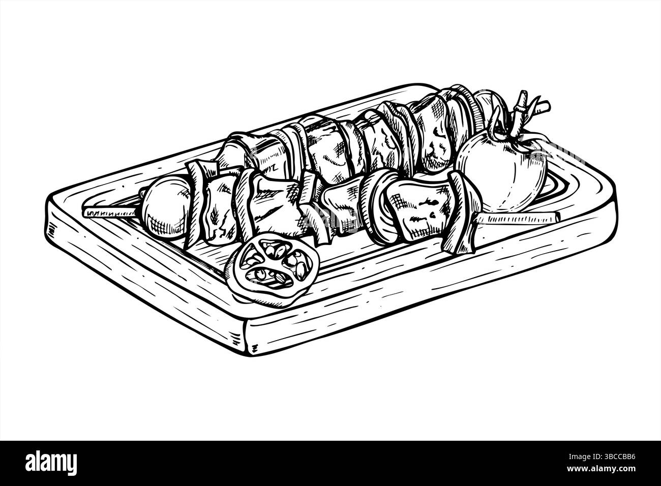 Scaglie su tavola rettangolare di legno con illustrazione vettoriale monocromatica di pomodoro e pepe dipinta con inchiostri neri. Spiedini di kebab o barbecue Illustrazione Vettoriale