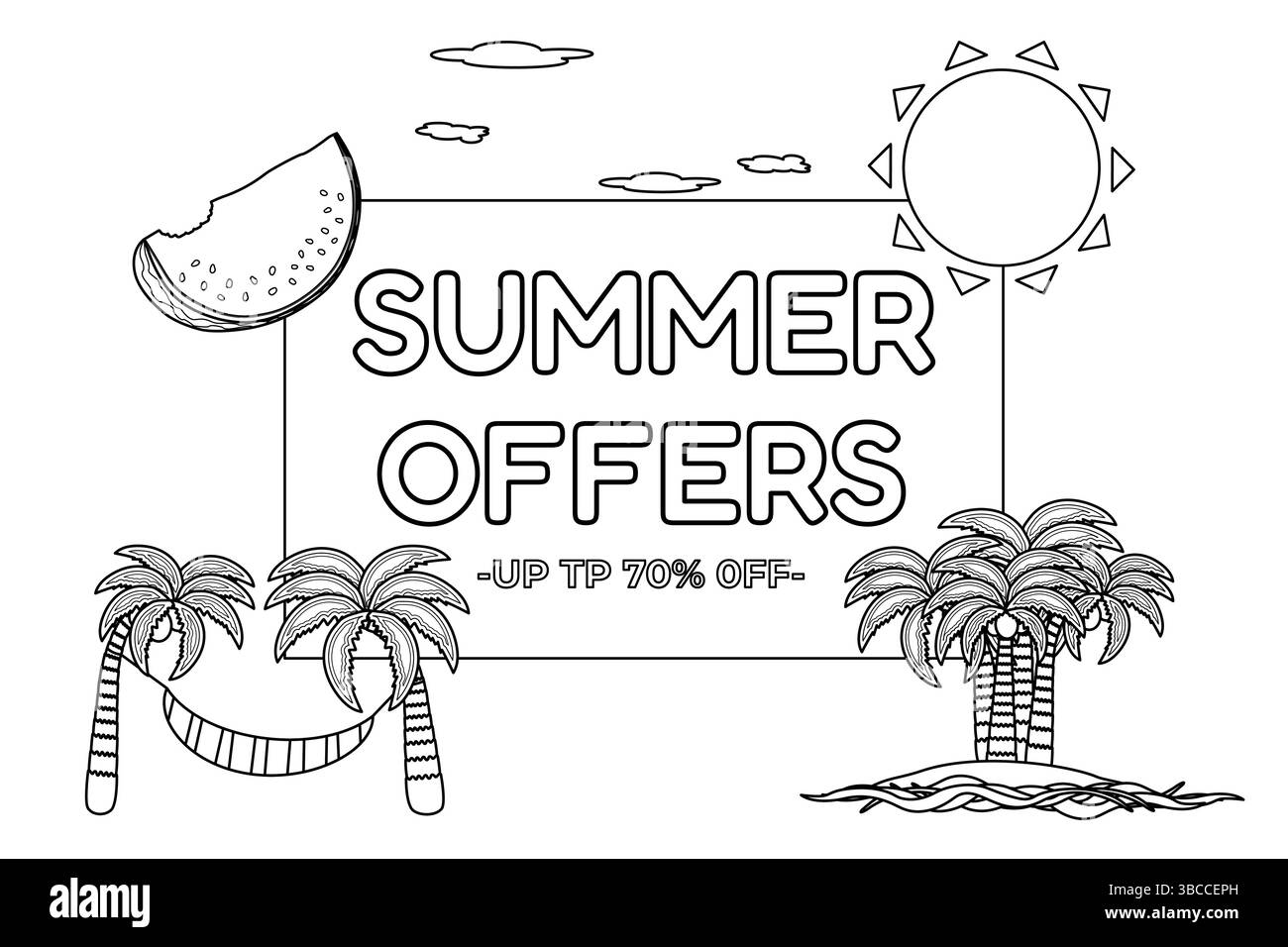 Pagina da colorare. Banner promozionale con palme, sole, anguria e testo sconto. Per intrattenere, promozioni estive, media sociali Illustrazione Vettoriale