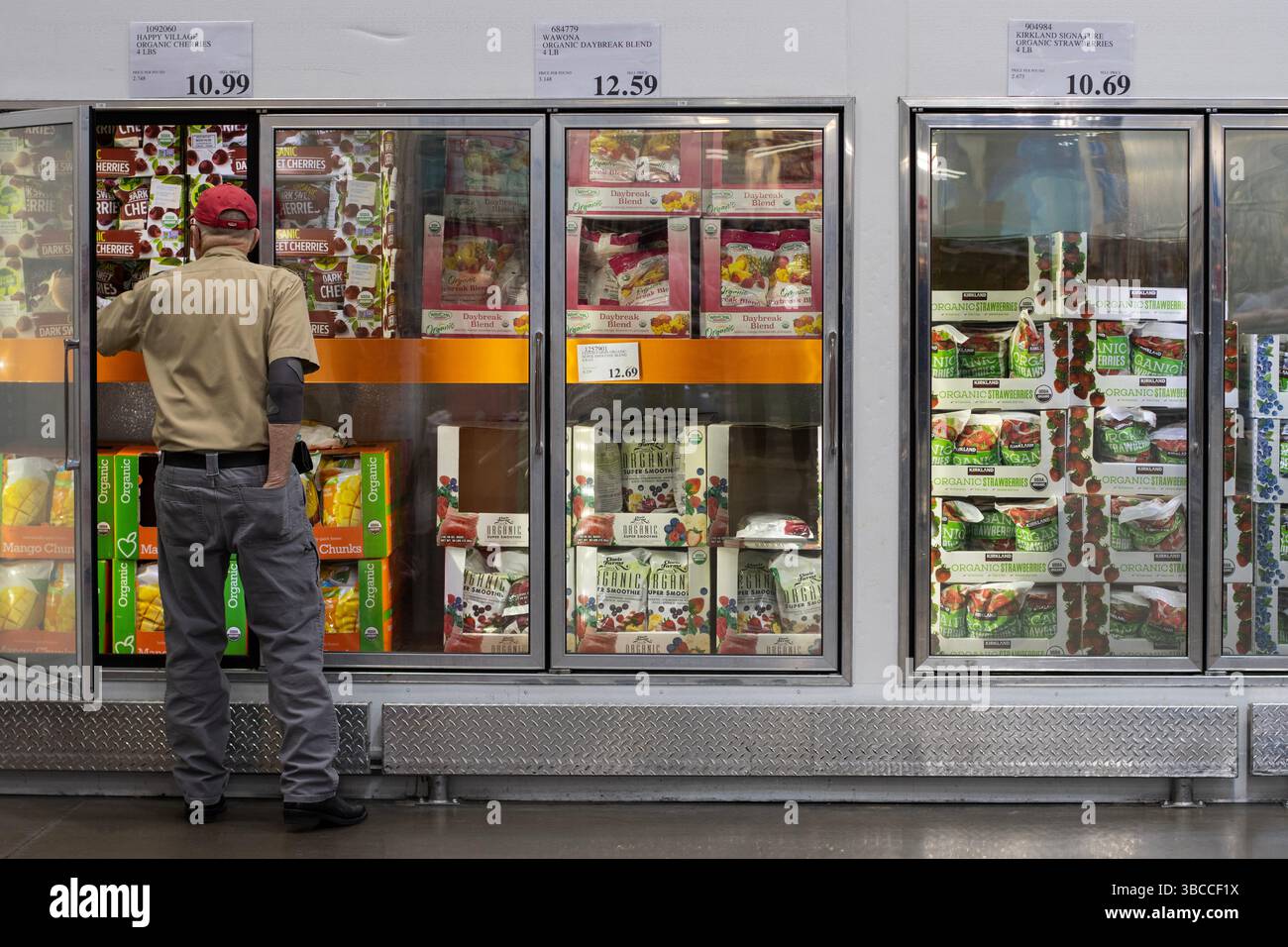 Un acquirente sceglie le ciliegie biologiche dal congelatore nella sezione frutta congelata di un negozio Costco a Tigard, Oregon. Foto Stock