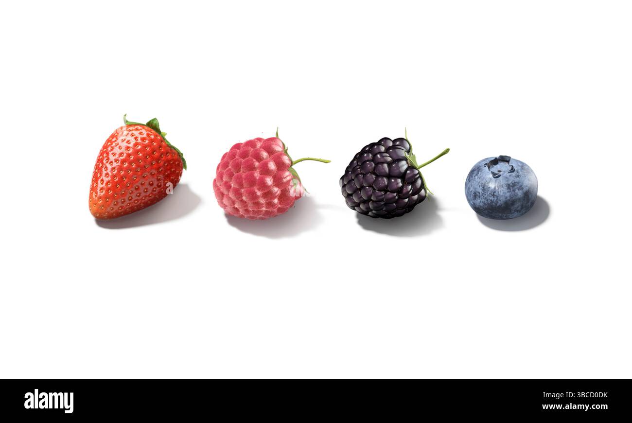 Lampone, fragola, mirtillo, mirtilli mora che giacciono mockup, isolamento, rendering 3d. Miscela di bacche vuota per un mock-up di cibo vegetariano, vista laterale. CLE Foto Stock