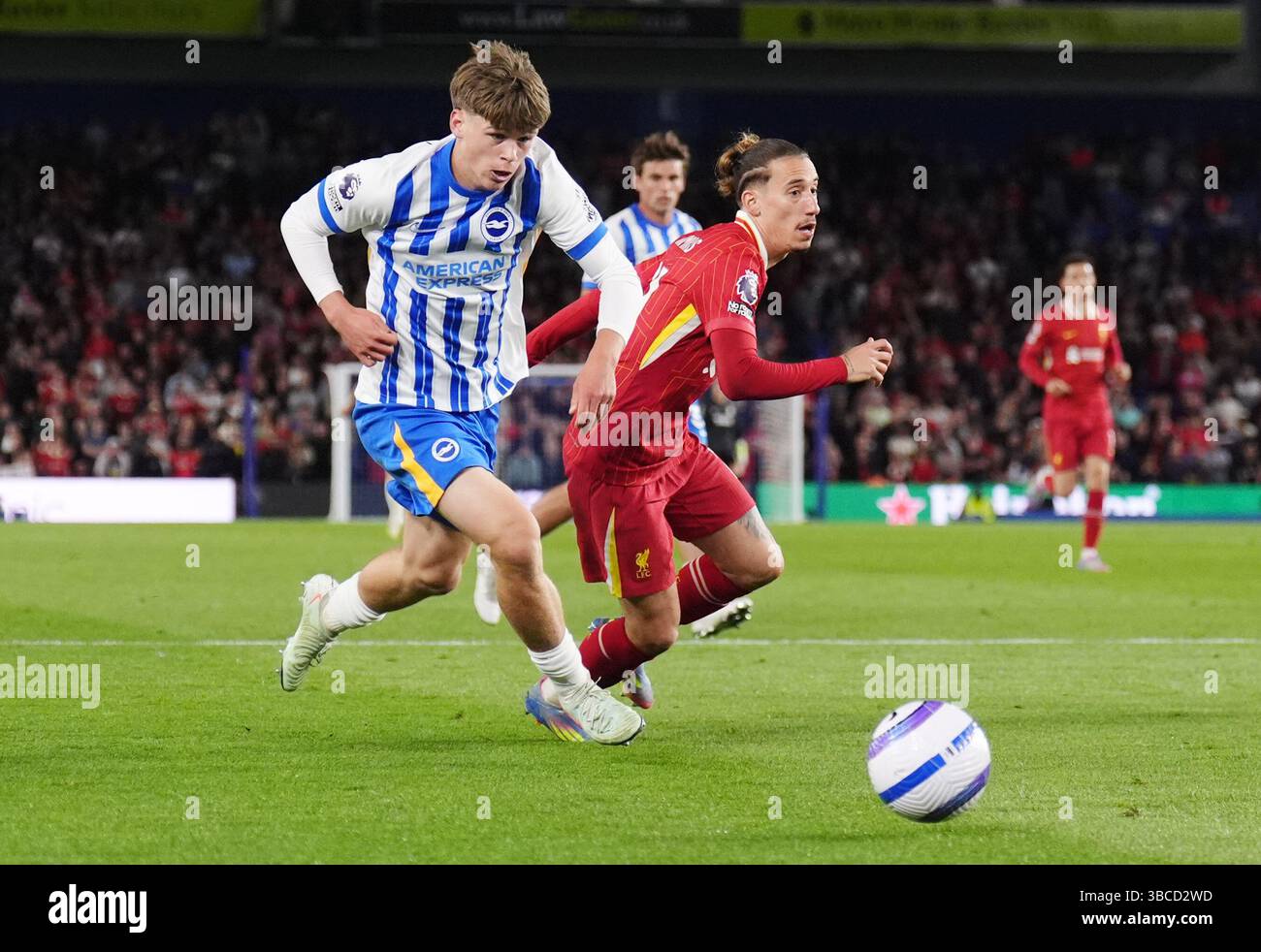 Harry Howell di Brighton e Hove Albion e Kostas Tsimikas di Liverpool (destra) combattono per il pallone durante la partita di Premier League all'American Express Stadium di Brighton. Data foto: Lunedì 19 maggio 2025. Foto Stock