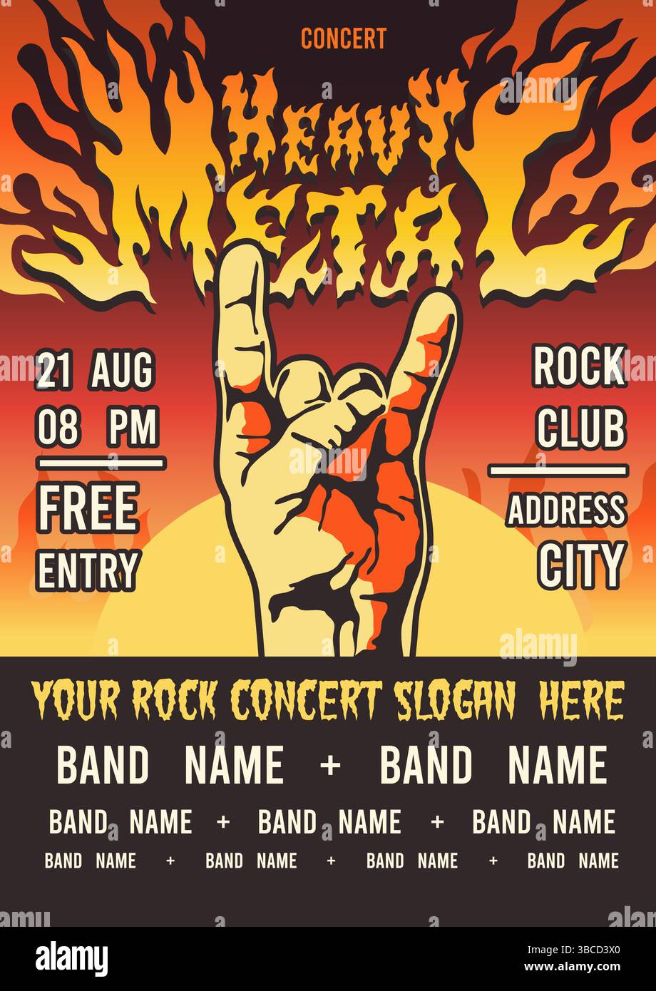 Masterizzazione del poster dei font. Invito al festival metal, banner per concerti rock, party con musica dal vivo, testo infuocato, lettere di fuoco, corni gesti delle mani infiammabili l Illustrazione Vettoriale