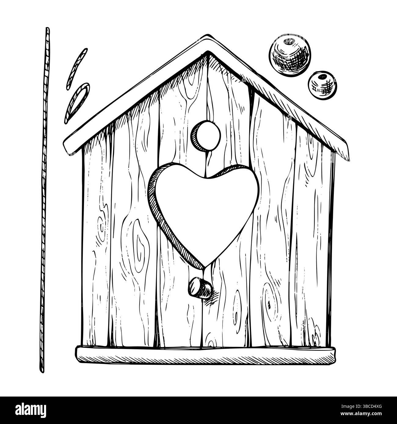 Birdhouse in legno, appeso con un foro a forma di cuore con una corda e perline. Grafica grafica disegnata a mano con illustrazione in bianco e nero a inchiostro Illustrazione Vettoriale