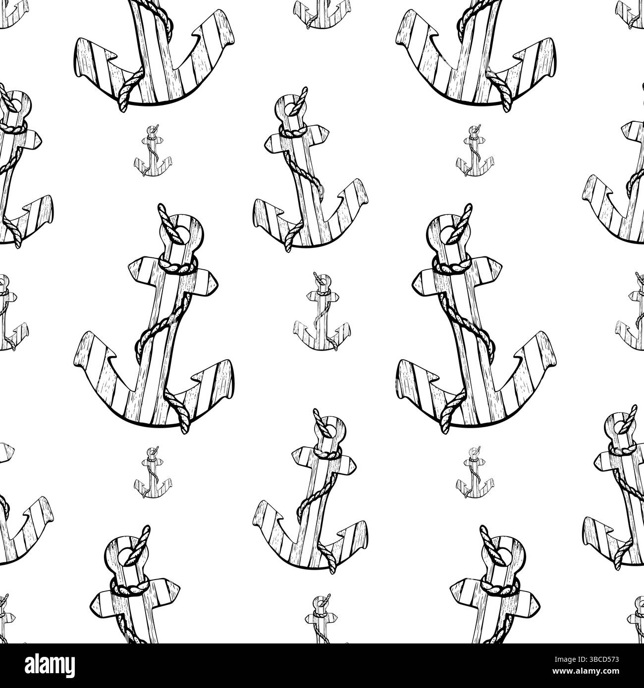 Ancoraggi in legno a strisce di colore corallo e giallo con corda. Illustrazione acquerello. Modello senza cuciture su sfondo bianco dalla PESCA IN MARE Illustrazione Vettoriale