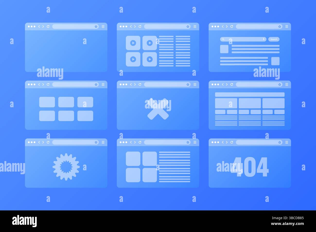 Finestra del browser Web, layout di pagine trasparenti con barra degli strumenti e campo di ricerca. Sito web moderno, pagina Internet. Mockup browser per computer, tablet e. Illustrazione Vettoriale