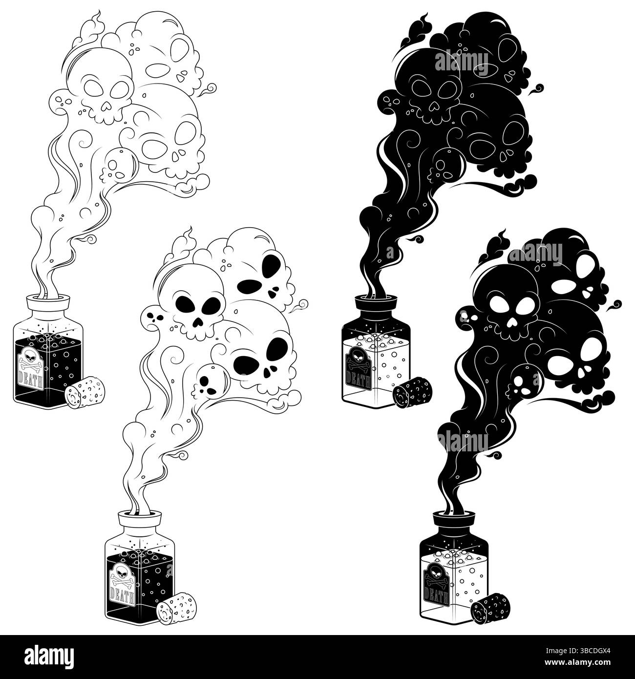Bottiglia veleno in vetro con fumo tossico, contenitore veleno con sughero, bottiglia veleno Halloween con teschi Illustrazione Vettoriale