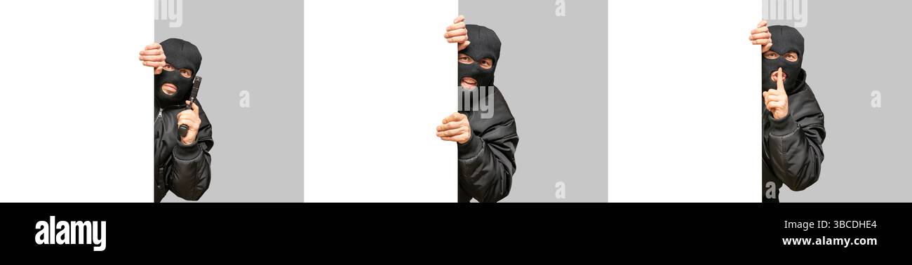 Ladro che si nasconde dietro il muro tenendo la pistola, facendo gesti di silenzio e sorridendo. Foto Stock