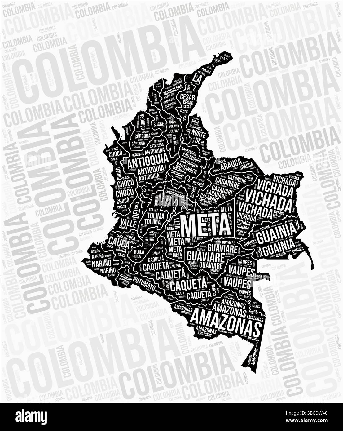 Le regioni della Colombia mappano Word cloud. Nomi delle regioni della Colombia. Design della mappa in bianco e nero. Illustrazione vettoriale artistica. Illustrazione Vettoriale