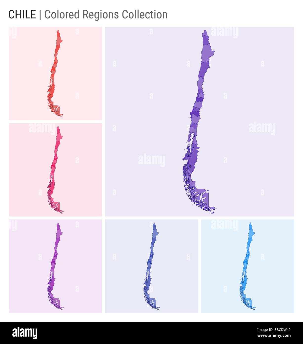 Collezione di mappe del Cile. Forma del paese con regioni colorate. Viola intenso, rosso, rosa, viola, indaco, tavolozze di colore blu. Illustrazione Vettoriale