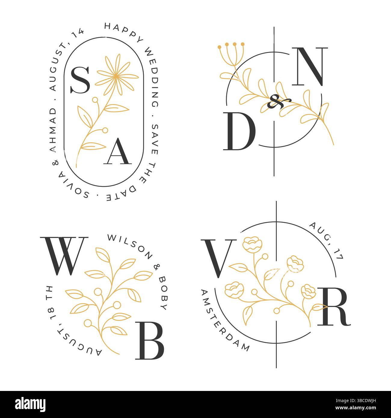 Decorazione iniziale per matrimoni con logo floreale Illustrazione Vettoriale