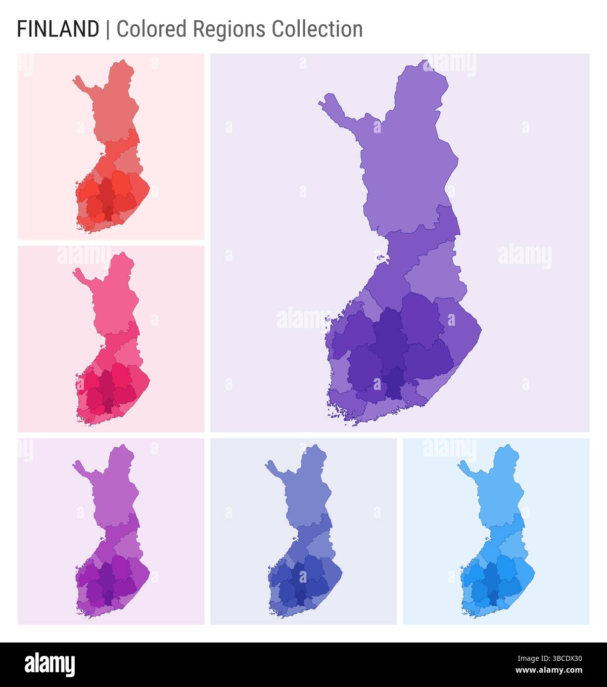 Collezione di mappe della Finlandia. Forma del paese con regioni colorate. Viola intenso, rosso, rosa, viola, indaco, tavolozze di colore blu. Illustrazione Vettoriale