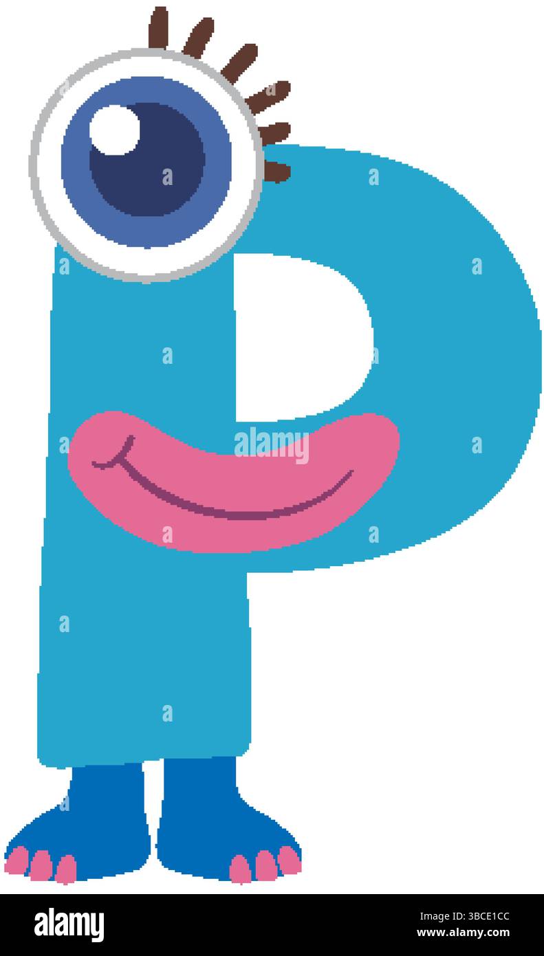Illustrazione vettoriale colorata di una lettera P a tema mostro con un design stravagante e tonalità vivaci Illustrazione Vettoriale