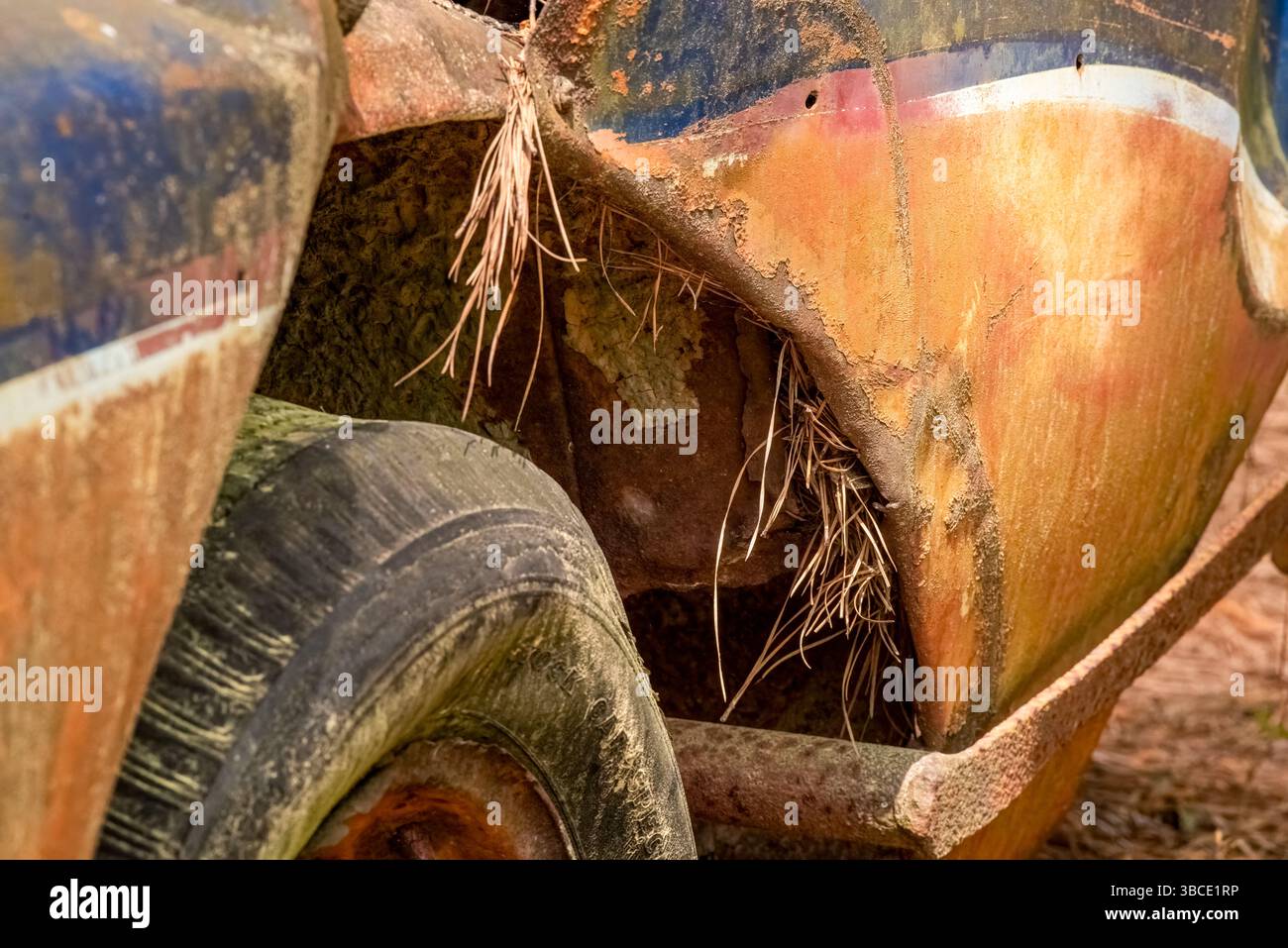 Dettaglio di un parafango e di una ruota arrugginiti ben riempiti di paglia, che mostrano colori decomposizione, consistenza e segni di abbandono rurale. Foto Stock