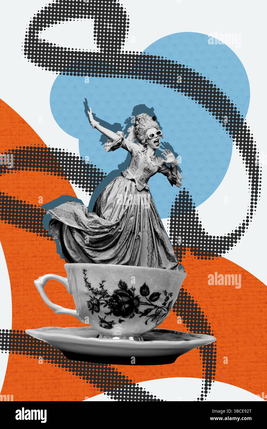 Modello di schizzo di tendenza poster collage 3D di eleganza di moda aristocratica abito giovane signora stile storico stand cup dance indossare occhiali da sole Foto Stock