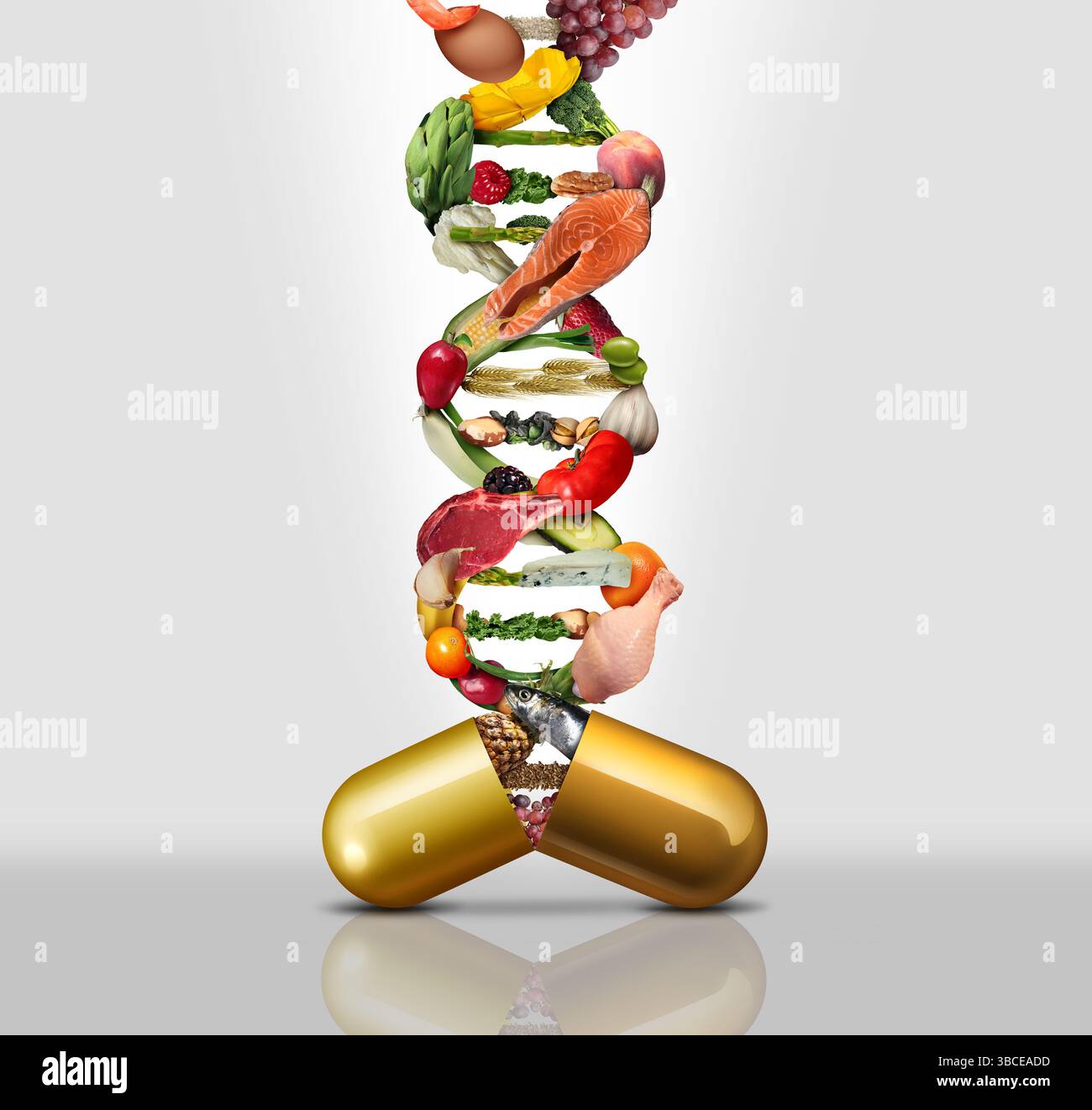 Supplemento dietetico Scienza come vitamina dieta integratori con una capsula come frutta verdura noci pesce carne e fagioli all'interno di una pillola nutriente come naturale Foto Stock