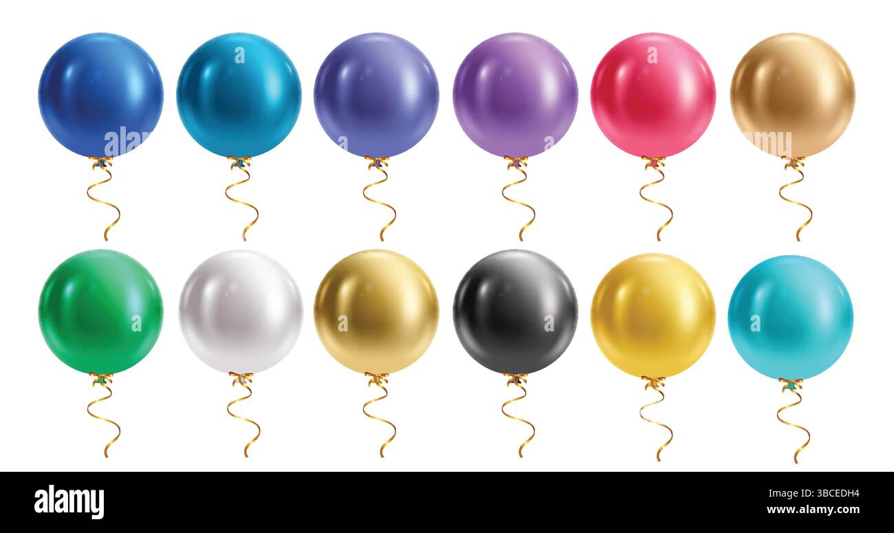 Set clipart elementi 3d compleanno bollature. Colorato palloncino galleggiante clip art gonfiabile su una collezione di elementi grafici lucidi in gomma e lattice Illustrazione Vettoriale