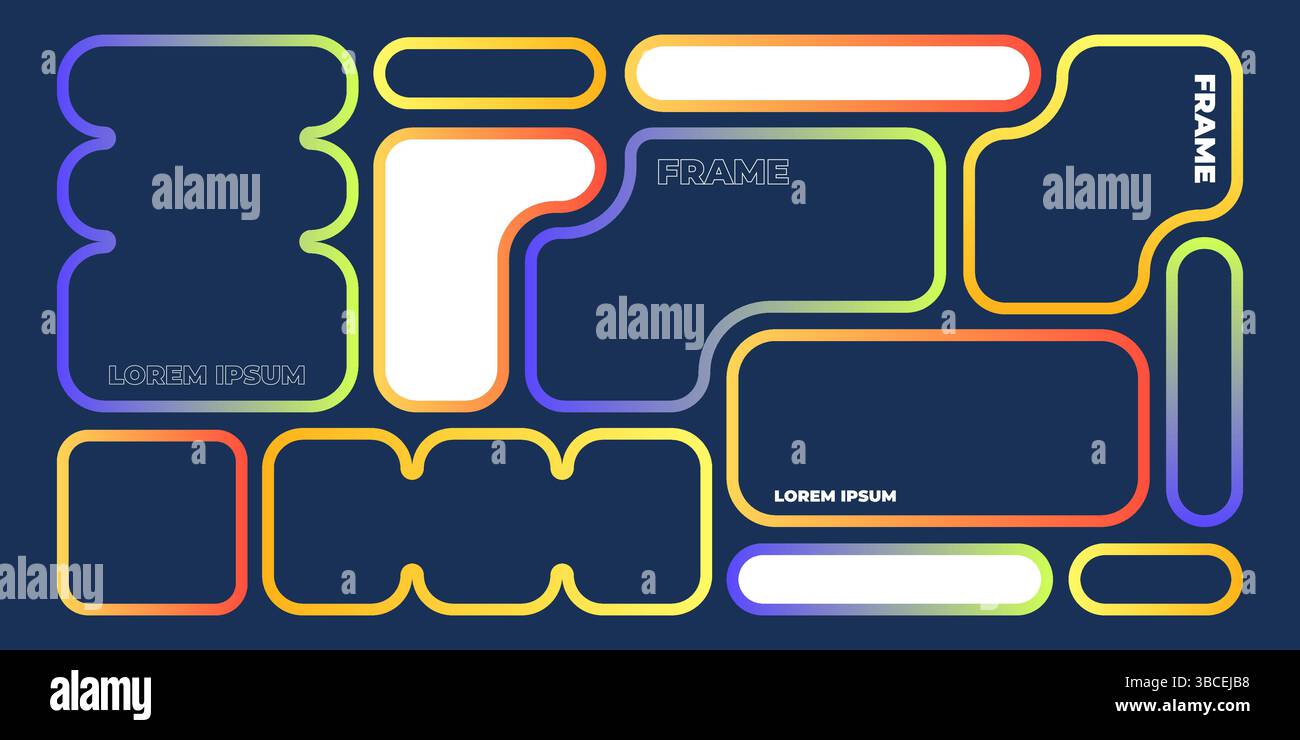 Modelli di cornice per kit ui bento colorati: Forme rettangolari arrotondate, quadrate e irregolari in stile gradiente vivace. Elementi grafici funky per layout di wireframe di siti Web e app mobili o prototipi. Illustrazione Vettoriale