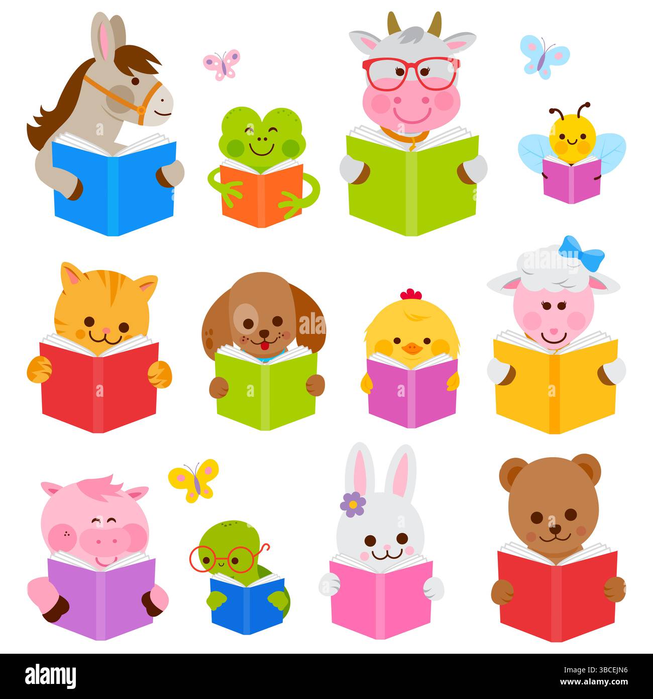 Animali carini che leggono libri. I piccoli studenti studiano a scuola, all'asilo o in età prescolare. Animali domestici intelligenti, gatti, cani, animali da fattoria. Foto Stock