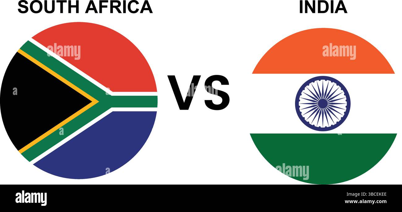 Vettore partita cricket Sud Africa vs India – illustrazione di bandiere e simboli nazionali modificabili su sfondo bianco Illustrazione Vettoriale