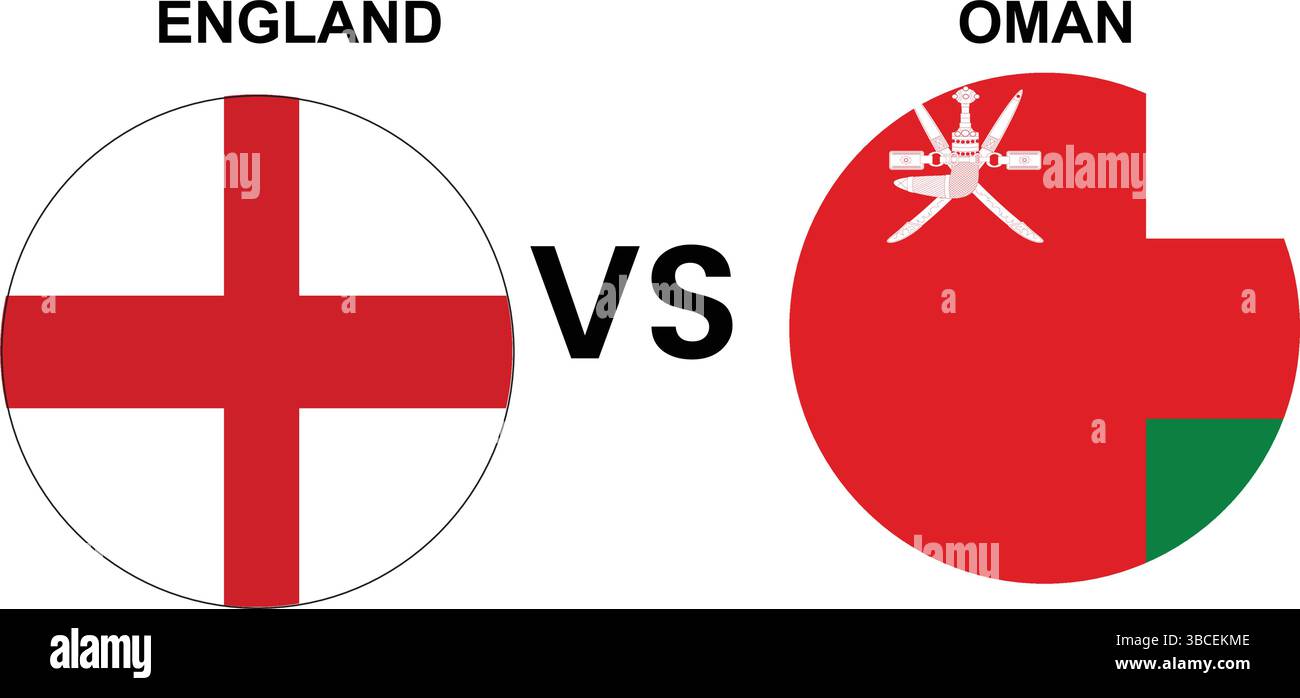 Inghilterra vs Oman Cricket Match Vector – illustrazione di bandiere e simboli nazionali modificabili su sfondo bianco Illustrazione Vettoriale