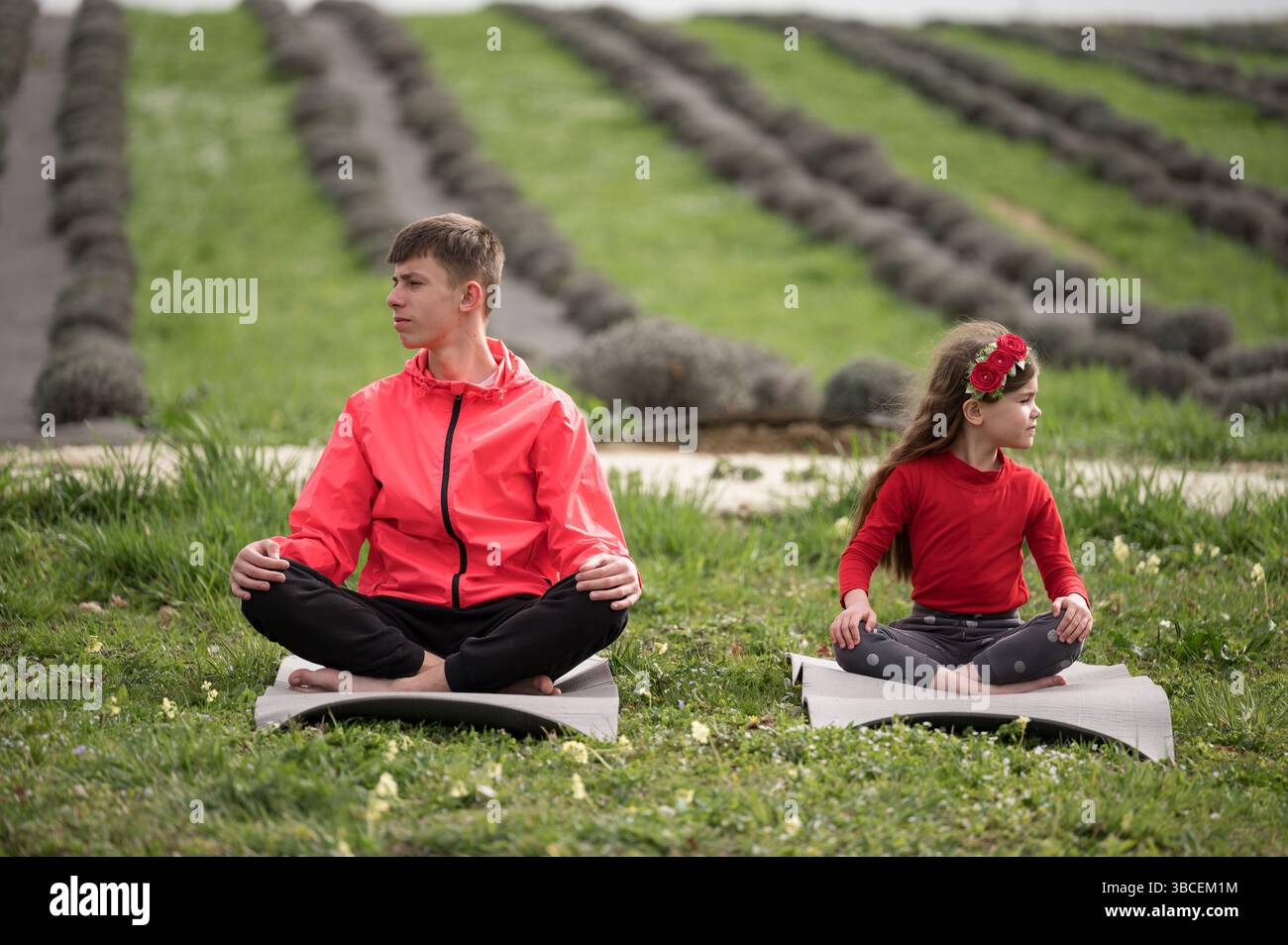 Due fratelli si siedono in meditazione pacifica sui tappeti in un vasto campo di lavanda, circondati da una vegetazione vivace e fiori in fiore sotto un cielo limpido. Foto Stock