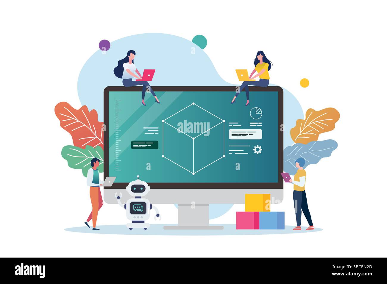 Scenografia dell'illustrazione della classe di modellazione 3D. Concetto didattico sulla modellazione 3D. Illustrazione Vettoriale